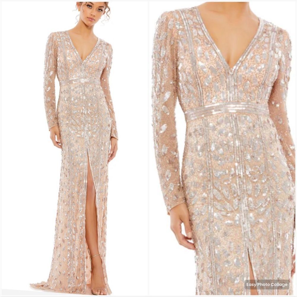 NWT Mac Duggal EMBELLISHED FRONT SLIT LONG SLEEVE GOWN ROSE Gold 12